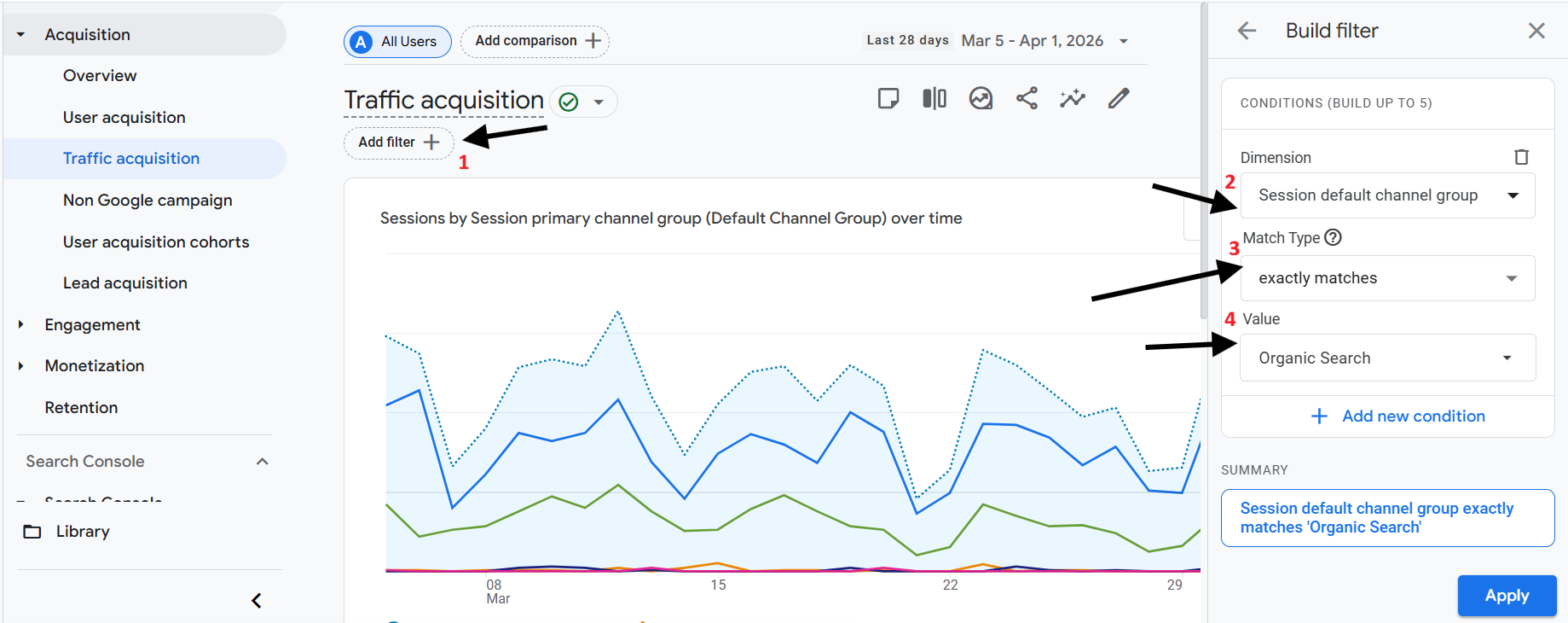 GA4 Traffic Acquisition report showing filter setup to isolate Organic Search using session default channel group