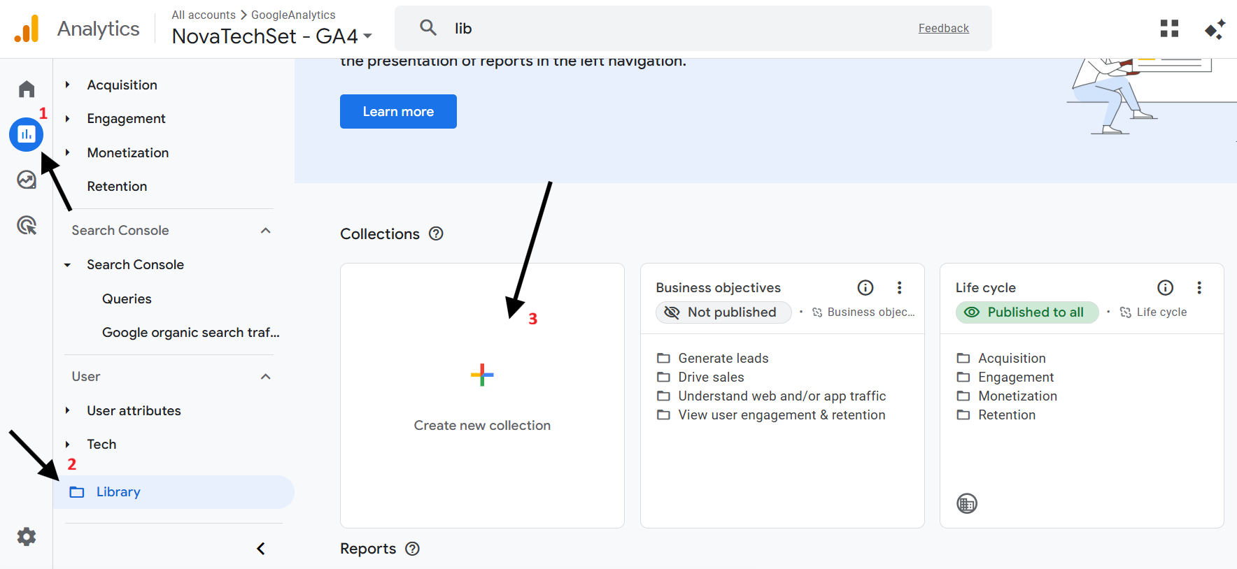 GA4 Library section showing how to create a new collection and publish Search Console reports in the navigation