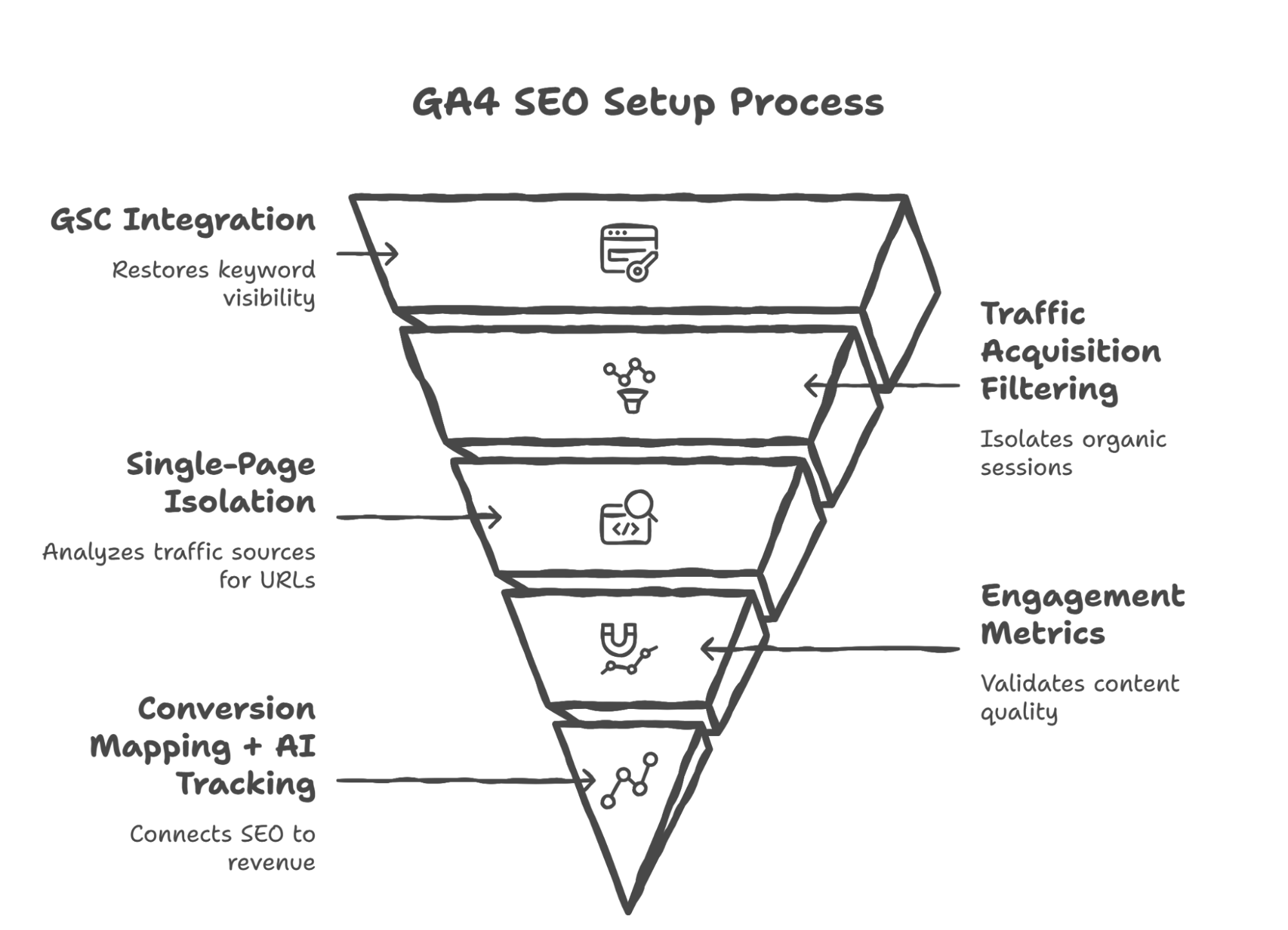 GA4 SEO reporting framework diagram illustrating how to connect keywords, organic traffic, engagement, and conversions